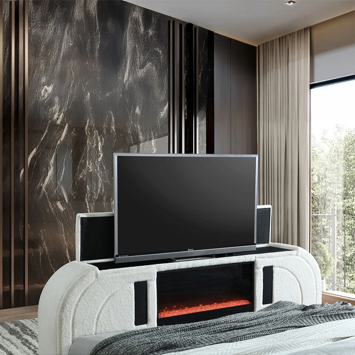 EK Bed w/LED, TV Cabinet, Fireplace & Bluetooth